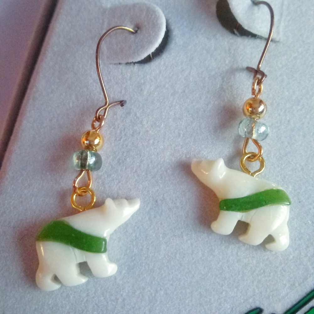 Vintage Jade Polar Bear Earrings Winter Arctic Whimsical